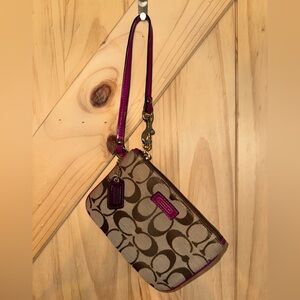 Coach Tan and Dark Pink Signature Wristlet